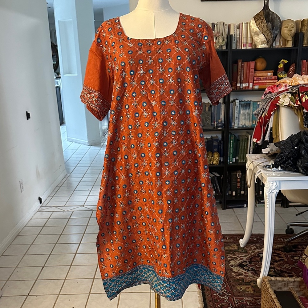 Rare Indian Vibrant Orange and Blue Patterned Dress